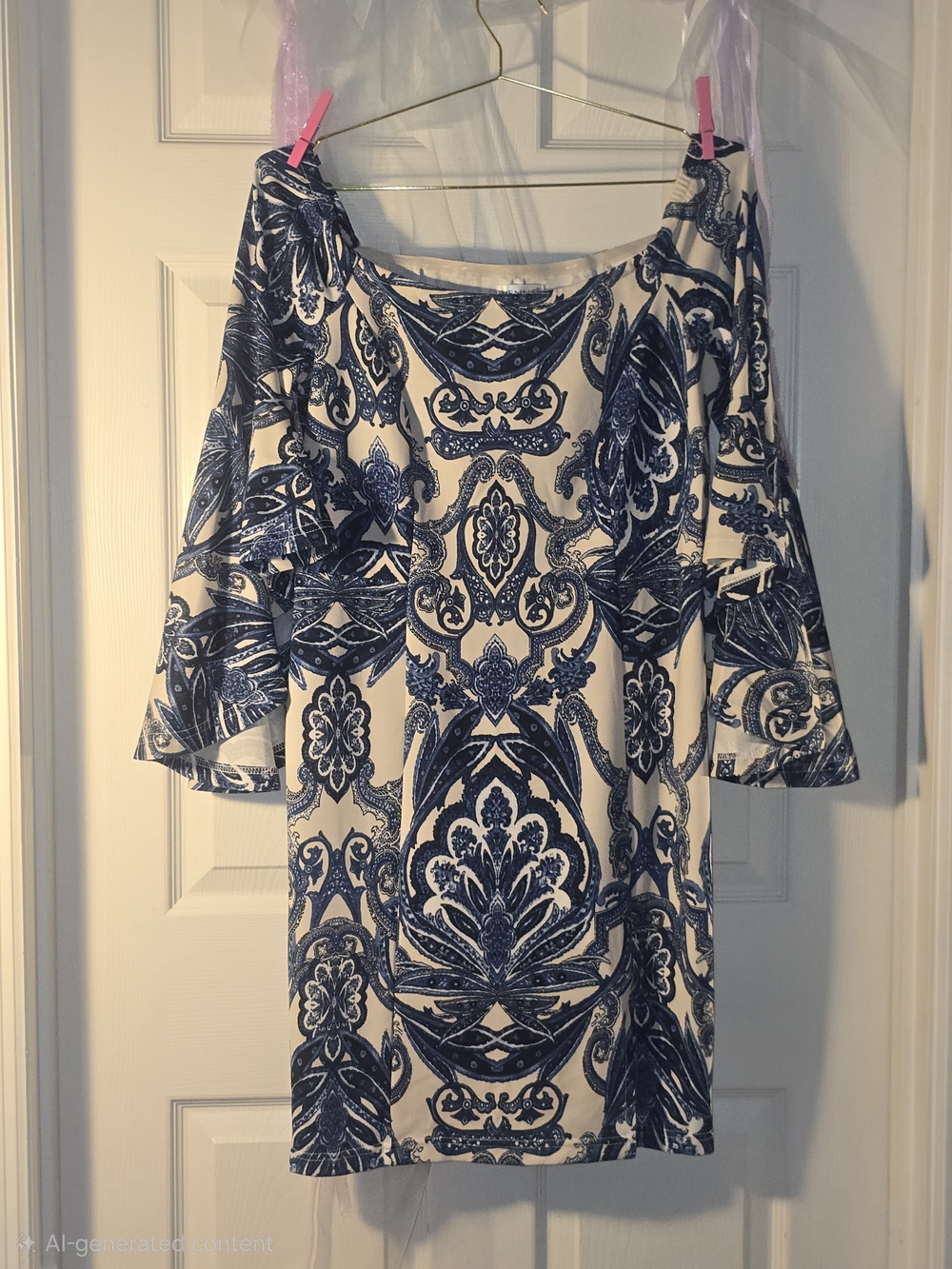 VENUS White and Navy Off-Shoulder Printed Midi Dress